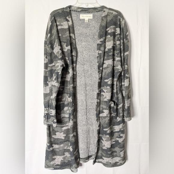 French Laundry Women's Long Duster Cardigan Knit Gray Camo Open Front Size Large - Picture 1 of 8
